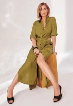 Womens Olive Green Satin Shirt Dress