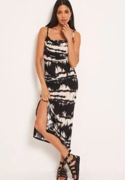 Womens Black Tie Dye Cowl Neck Midi Dress