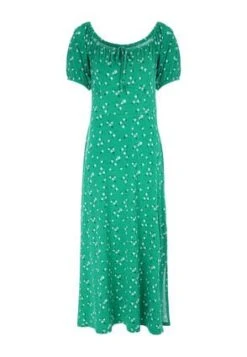 Womens Green Floral Tie Front Midi Dress