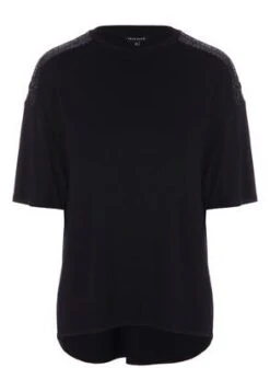 Womens Black Sequin Shoulder T-Shirt