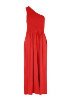 Womens Red Shirred One Shoulder Dress